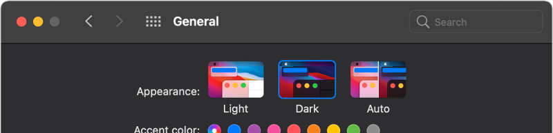 The MacOS general preferences option for auto light/dark modes.