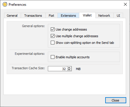 The transaction cache is configured in the wallet tab of the preferences window.