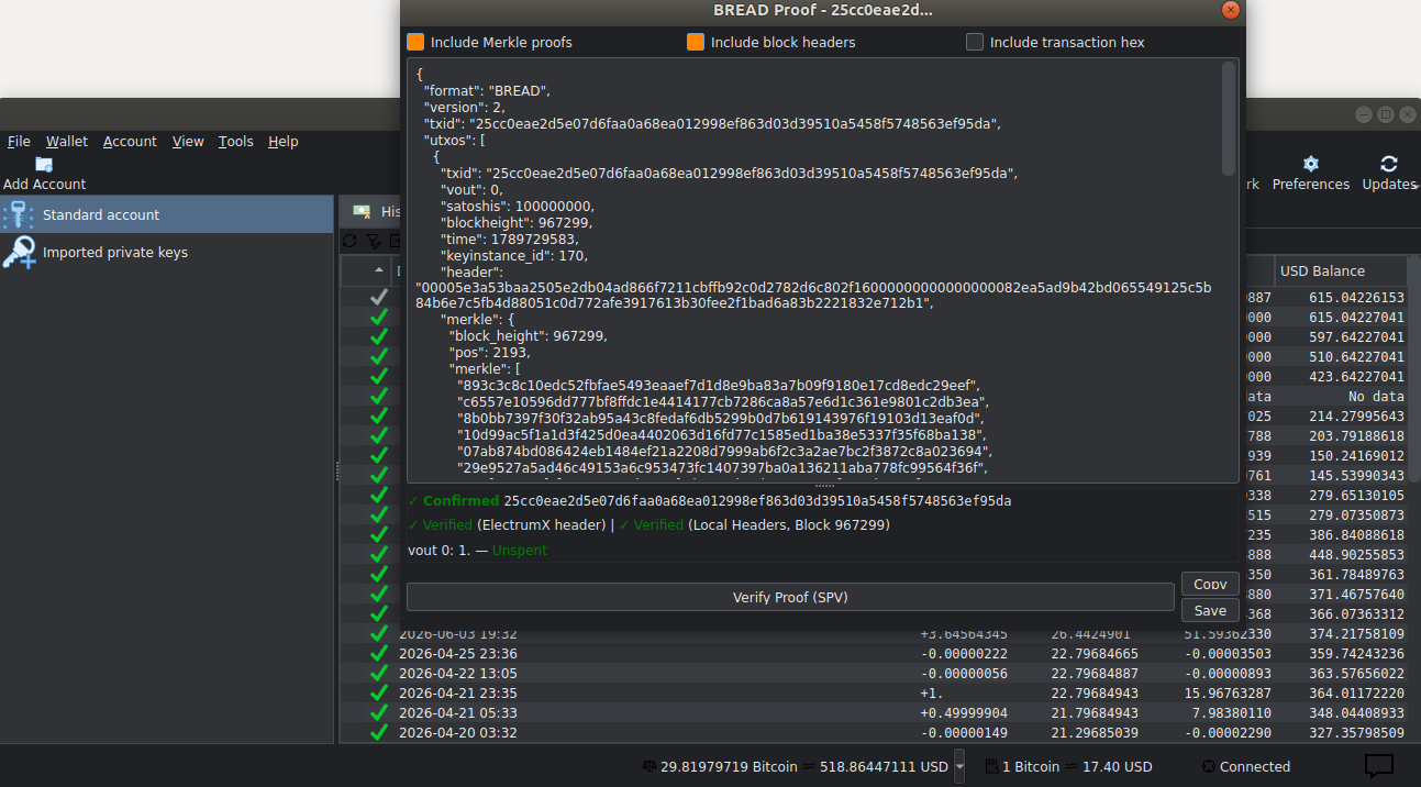 ElectrumSVP wallet showing a verified BREAD proof