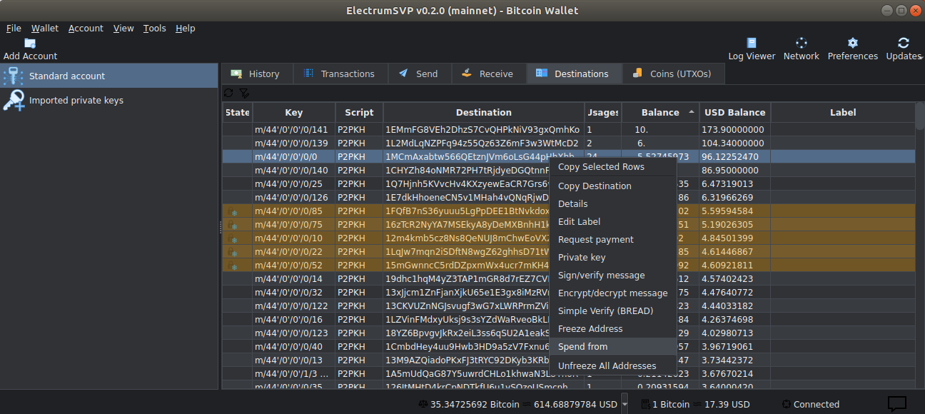 ElectrumSVP wallet showing destination management