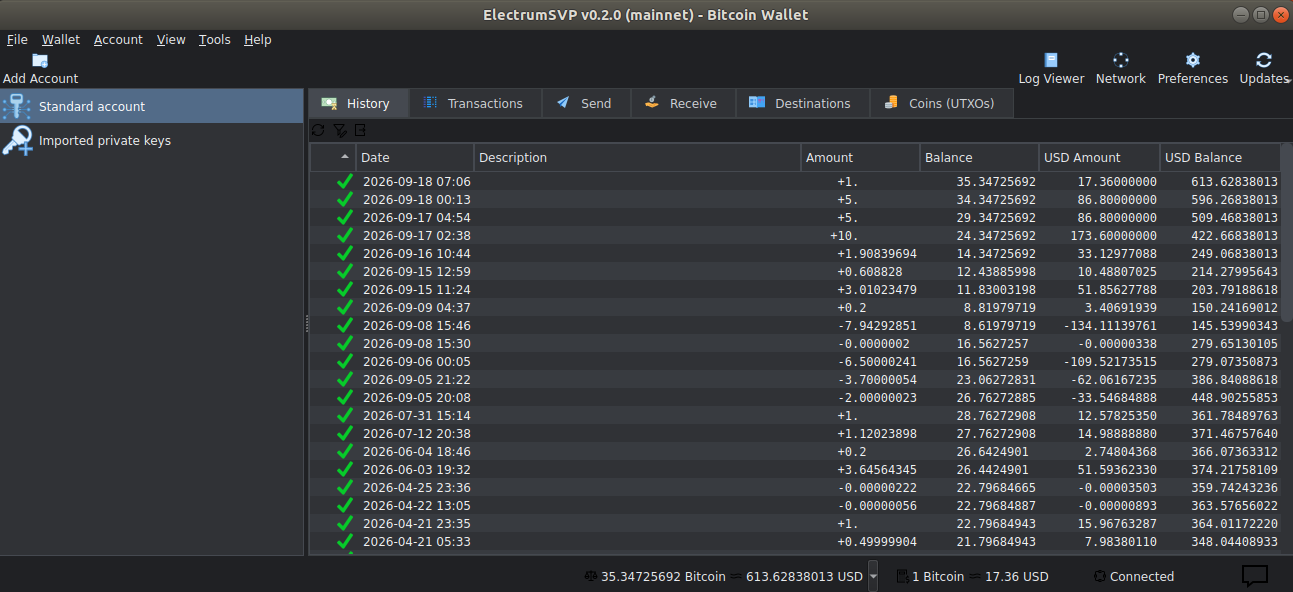 ElectrumSVP wallet showing transaction history