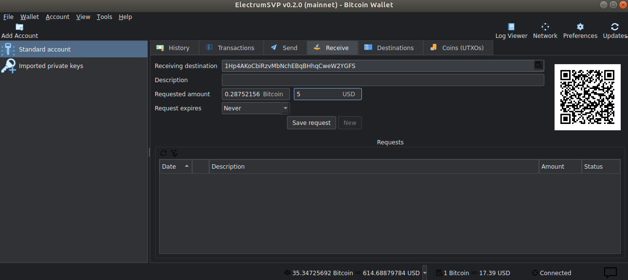 ElectrumSVP wallet receiving a Bitcoin payment