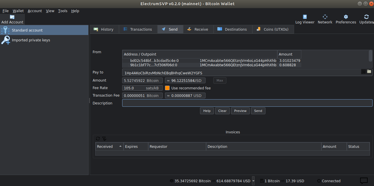 ElectrumSVP wallet showing coin selection in the Send view