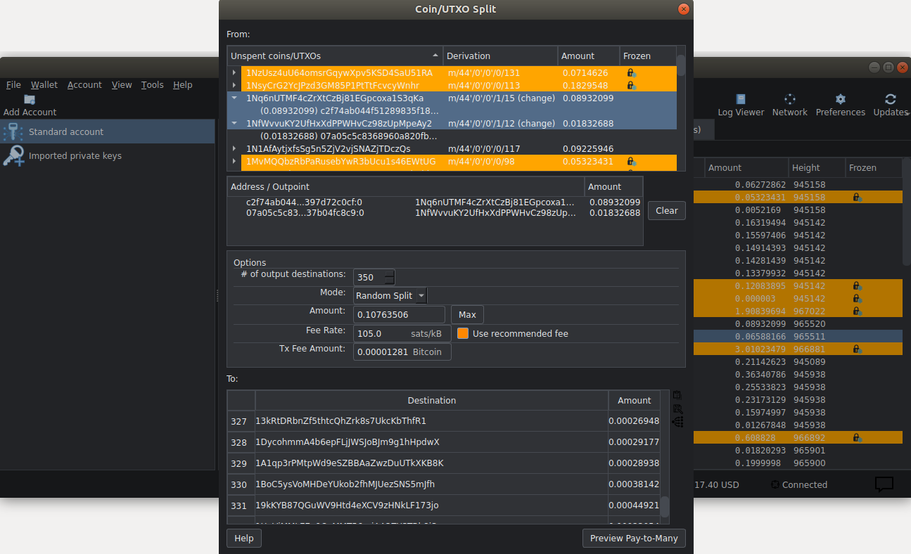 ElectrumSVP wallet showing the Coin and UTXO Split dialog